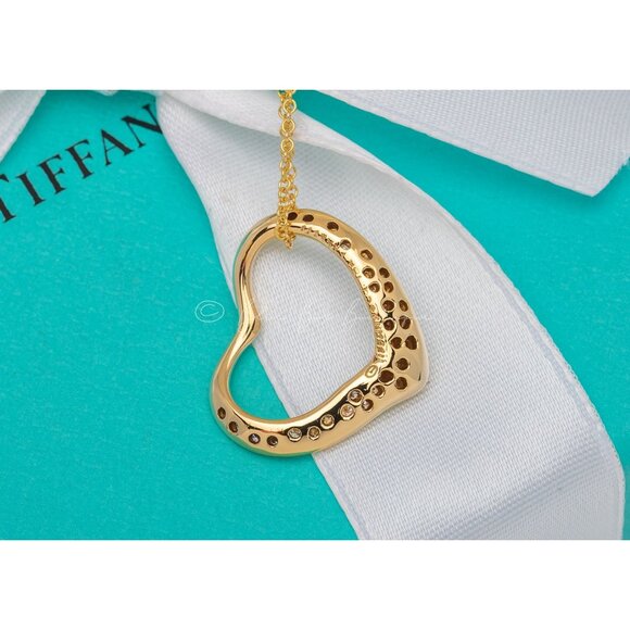 Tiffany & Co. Elsa Peretti 18K Gold Diamond Open Heart Necklace 29 Diamonds 16" - Picture 8 of 9